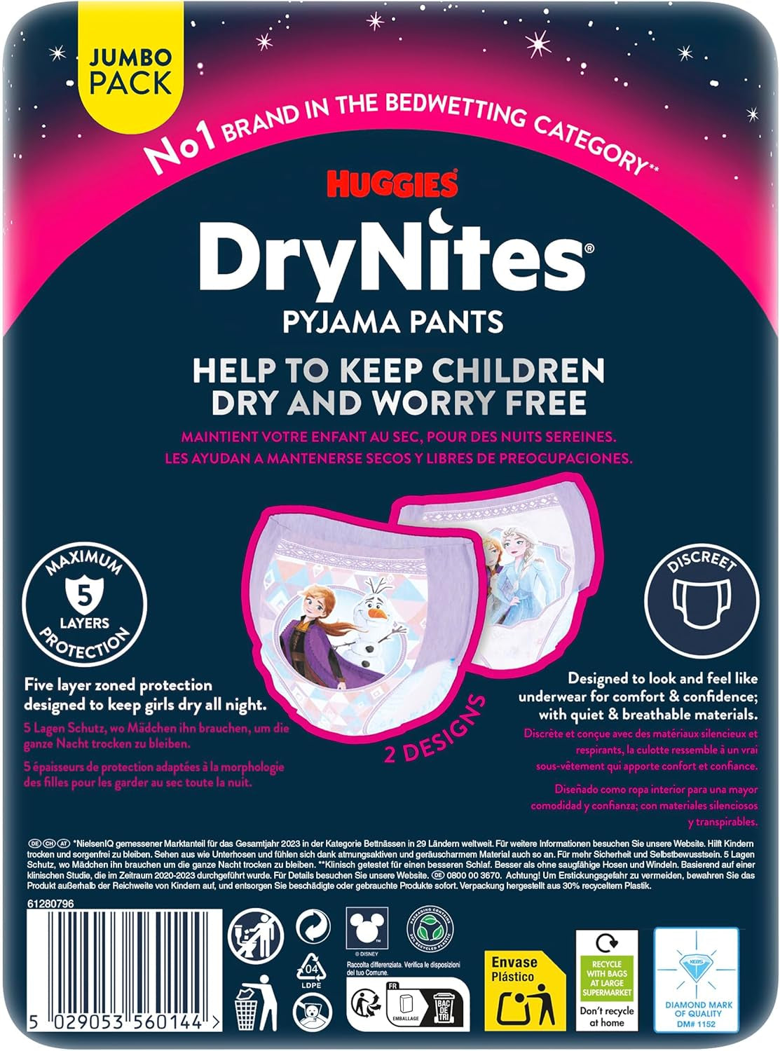 Couches de nuit super absorbantes Huggies DryNites pour filles de 3 à 4 ans (12 à 21 kg), 4 x 16 pièces (64 pièces au total), paquet de culottes mensuel