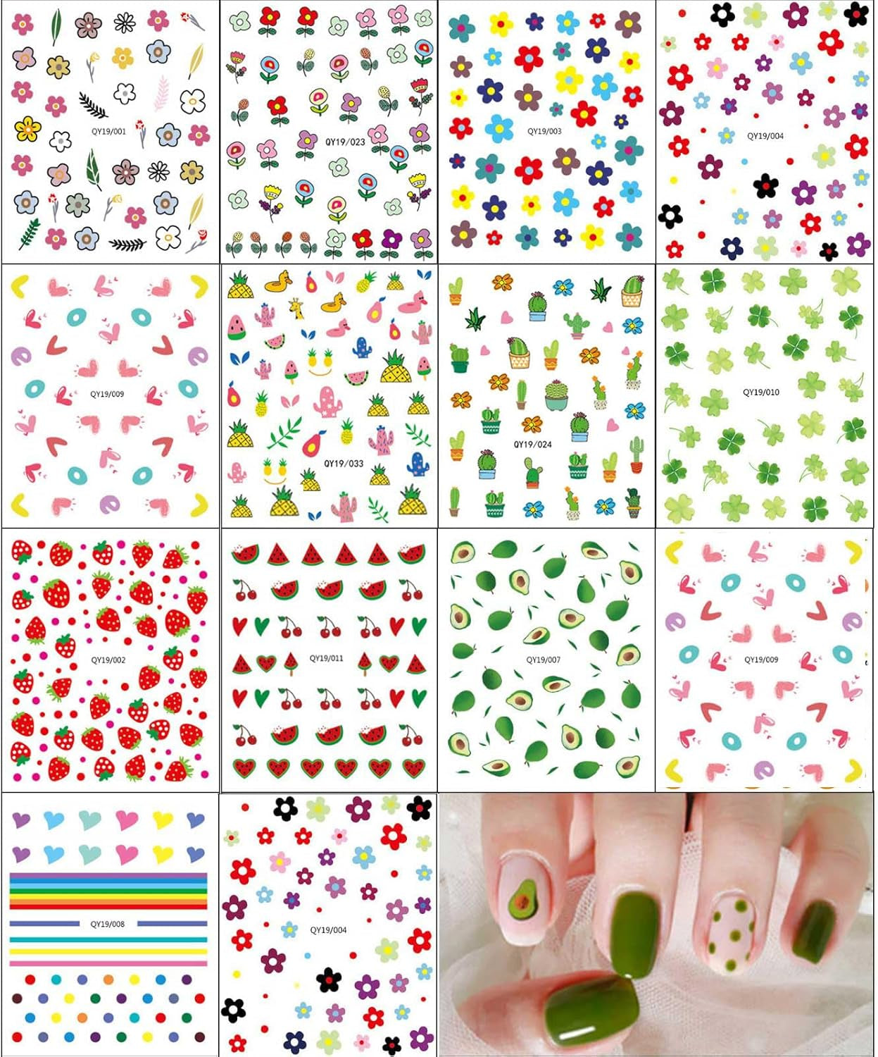JMEOWIO Süße Nagelsticker Für Kinder 14 Blatt Nail Art Sticker Selbstklebend Nagelaufkleber Regenbogen Blumen Frucht Dekoration Nageldesign Zubehör