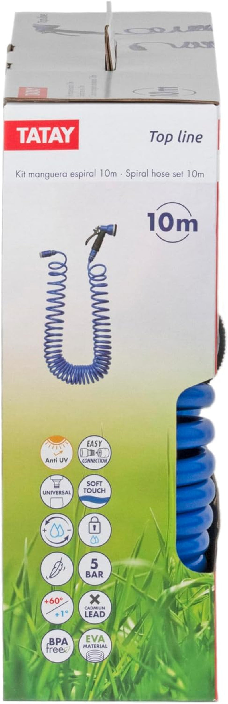 Set furtun spiralat TATAY 10 m cu accesorii din plastic cu protecție UV, ideal pentru terase și grădini mici.