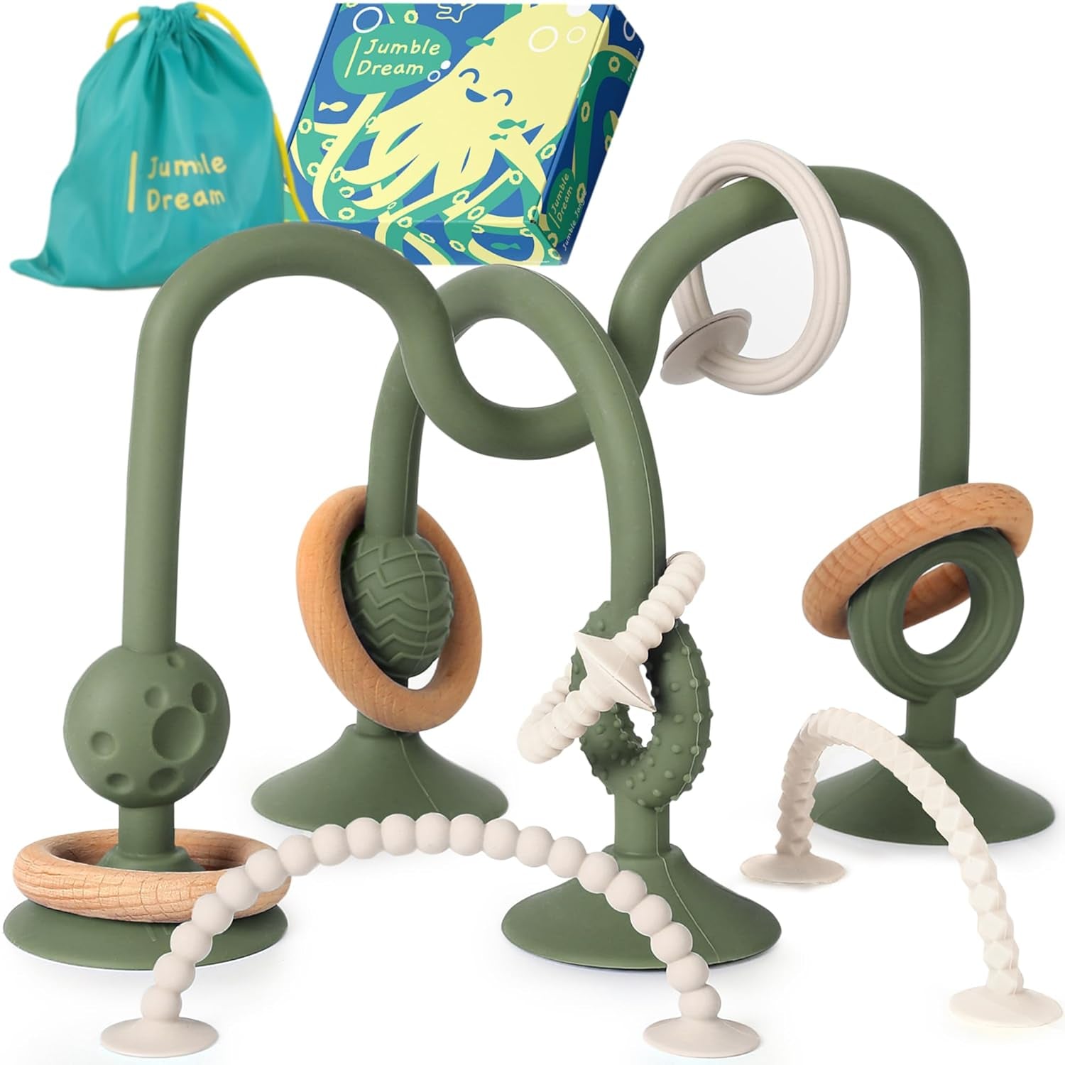 JUMBLE JANGLE Anneau de dentition pour bébé : jouet de dentition pour bébé de 3 à 24 mois | Ensemble de 7 jouets à mâcher sans BPA | Anneau de dentition en silicone rafraîchissant | Jouet pour tout-petit avec ventouse pour chaise haute, table et baignoire