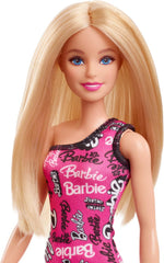 Barbie-Modepuppe mit glatten, blonden Haaren in einem ausziehbaren pinken One-Shoulder-Kleid und Schuhen mit Logo-Aufdruck, HRH07