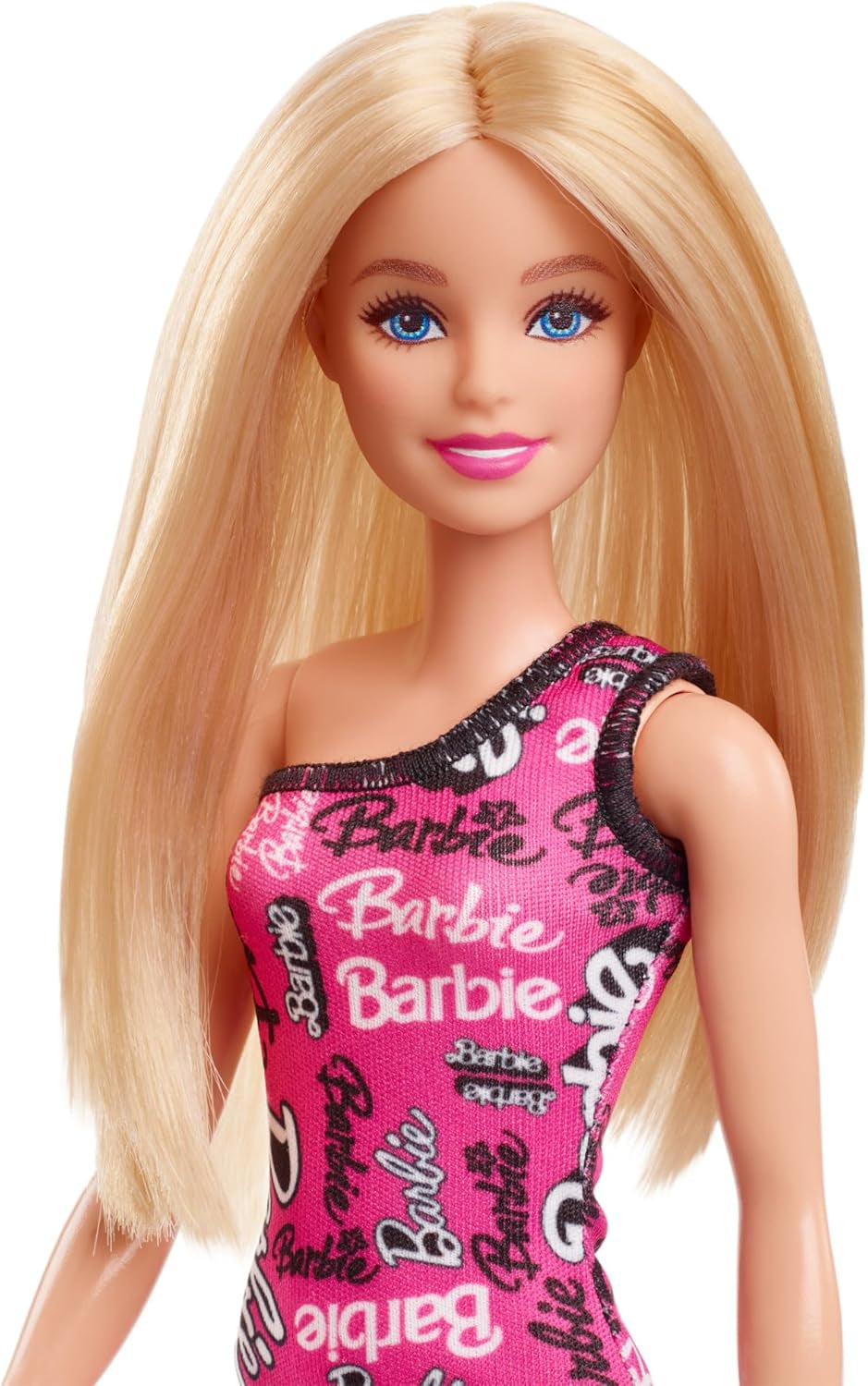 Poupée Barbie à la mode avec des cheveux blonds raides, vêtue d'une robe rose à une épaule amovible et de chaussures avec logo imprimé, HRH07