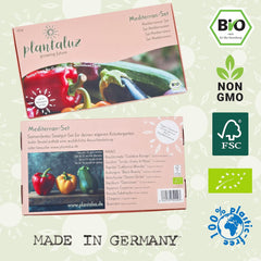 Plantaluz Premium Bio Seed Set P04 - Set de graines de légumes et d'herbes méditerranéennes avec 10 variétés pour jardin, balcon et plates-bandes surélevées - Y compris des bâtons de plantation FSC - Graines biologiques pollinisées et sans OGM