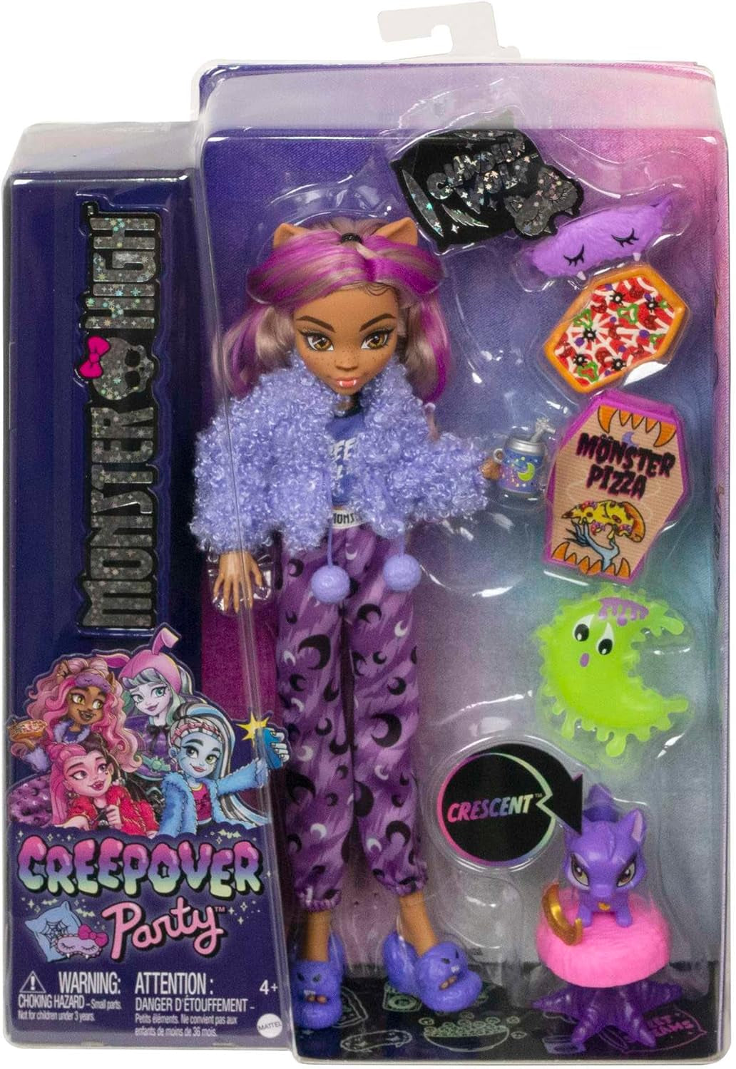 MONSTER HIGH Puppe und Sleepover Zubehör, Clawdeen Wolf Puppe mit Pet Cat Crescent, Creepover Party, HKY67