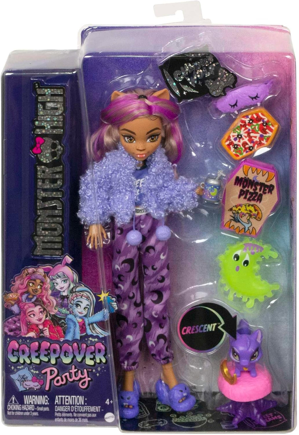 MONSTER HIGH Puppe und Sleepover Zubehör, Clawdeen Wolf Puppe mit Pet Cat Crescent, Creepover Party, HKY67