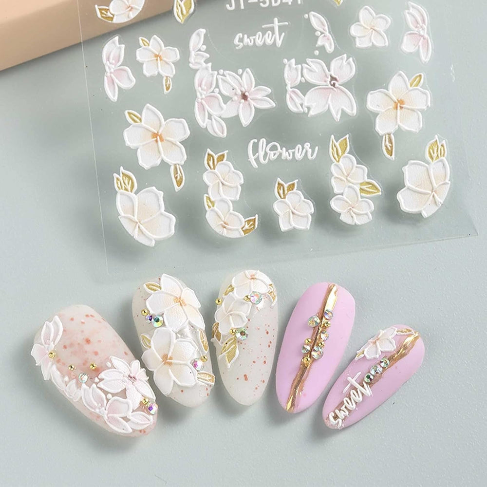 JMEOWIO Autocollants de manucure 3D pour ongles, fleurs, autocollants pour nail art, autocollants auto-adhésifs, bandes stéréoscopiques 5D, décoration de fleurs d'été, design de manucure, 4 feuilles