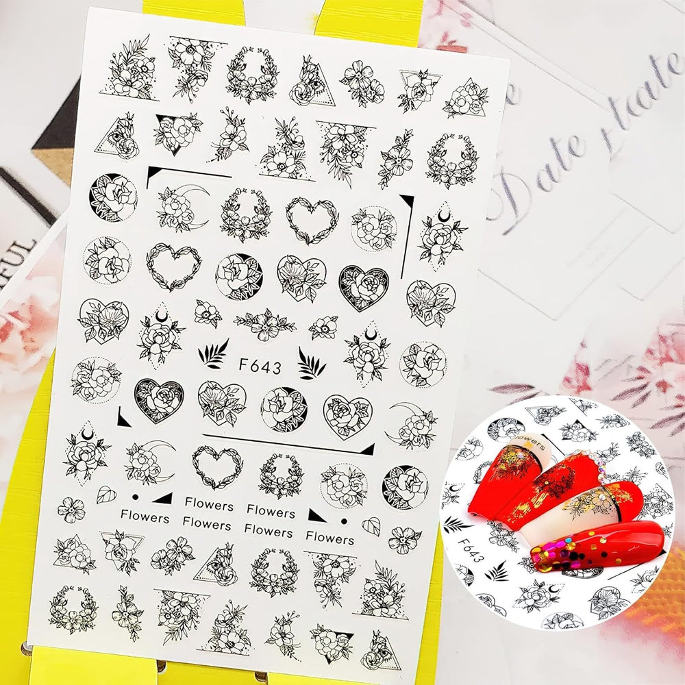 7 Blätter Nagelsticker Selbstklebend Nagelsticker Blumen Abstract 3D Schwarz Nagelaufkleber Nageldesign Herzform Wörter Pflanzen Nagel Sticker DIY Nail Art Zubehör Maniküre Dekoration