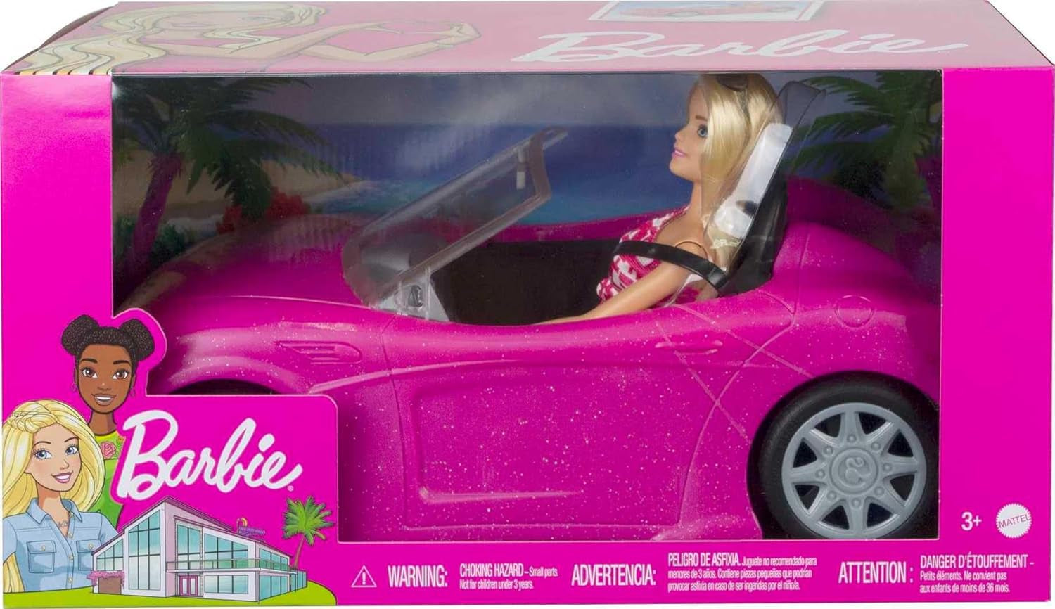 Poupée Barbie et cabriolet à paillettes roses, pneus réalistes, logo, jouet pour 3 ans et plus, DJR55