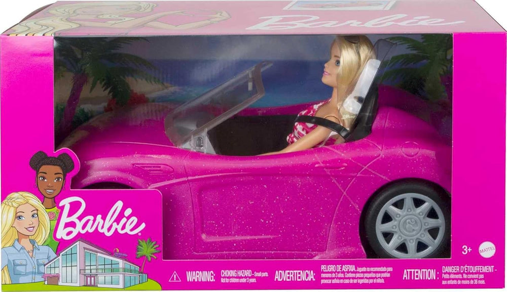 Barbie Puppe und Cabrio in rosa mit Glitzer, realistische Reifen Logo, Spielzeug ab 3 Jahren, DJR55