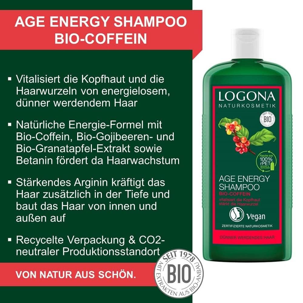 LOGONA Cosmétique Naturelle, Shampoing, formule vegan à la caféine bio, 250 ml Douche et bain Naty Shop