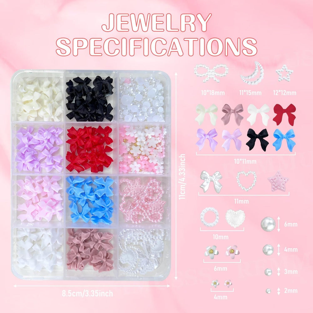 Decorațiuni 3D pentru unghii, 1 cutie de brelocuri pentru unghii, brelocuri pentru unghii cu fundă în formă de inimă și flori în stil mixt, decorațiuni pentru unghii din rășină, pentru decorațiuni Nail Art, accesorii DIY pentru artizanat