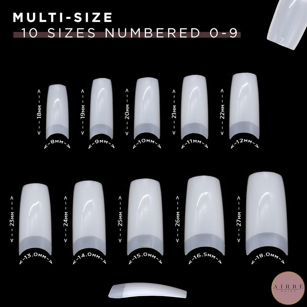 AIRRE 500 Unghii cu Gel Profesionale și 3 Pile cu Cutie - (10 Mărimi) Unghii False Semilună Franceze, Pentru Saloane și Uz Acasă, Tăiere, Pilire și Modelare, Gel UV/LED, Ojă și Nail Art (Natural)