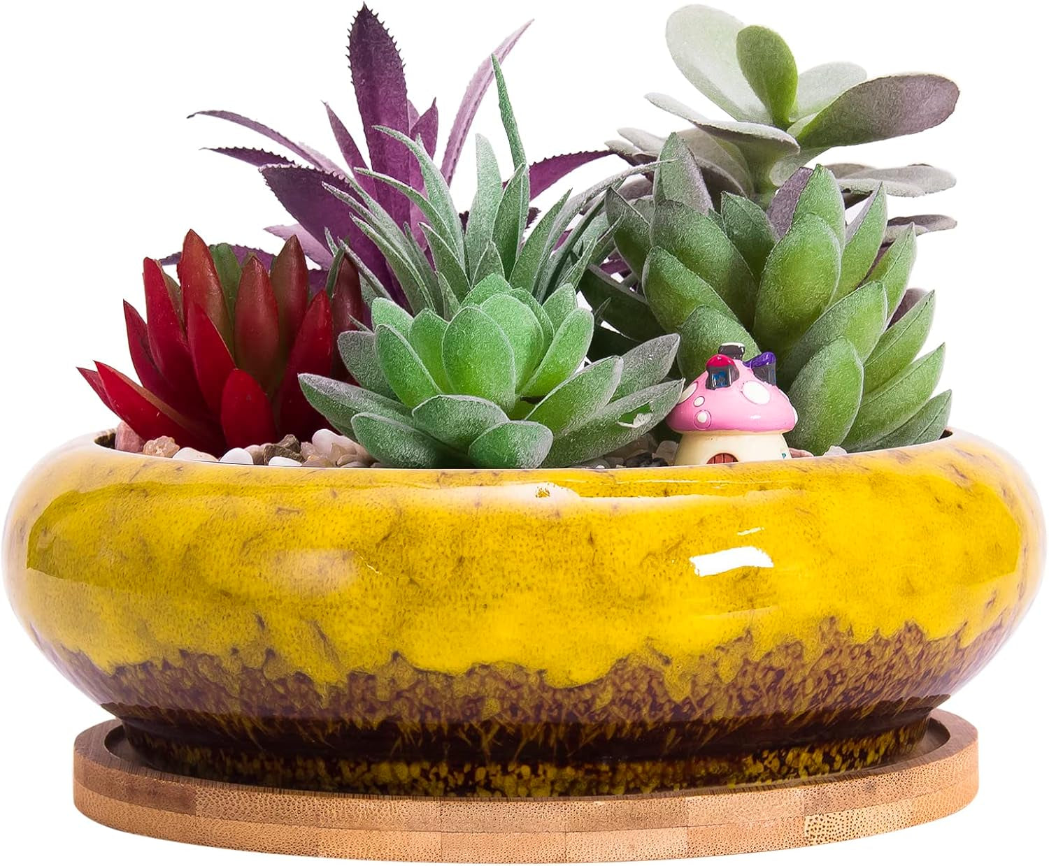 Ghivece mari pentru plante suculente cu farfurioare din bambus, jardiniere ceramice pentru cactus de 18,5 cm, ghivece rotunde pentru flori, recipiente pentru bonsai pentru grădină, birou, decorare birou