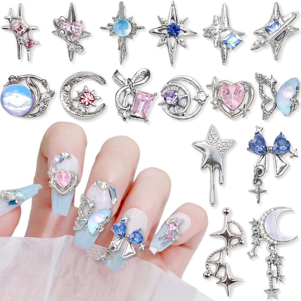 16 Style Luxus Mond Stern Nagel Charms 3D Nail Charms Y2K Legierung Strasssteine ​​​​Bogen Schmetterling Nagel Schmuck Metall Nail Art Charms Nägel Glitzersteine ​​​​Nailart Strass Nageldesign Zubehör