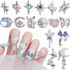 16 Style Luxus Mond Stern Nagel Charms 3D Nail Charms Y2K Legierung Strasssteine ​​​​Bogen Schmetterling Nagel Schmuck Metall Nail Art Charms Nägel Glitzersteine ​​​​Nailart Strass Nageldesign Zubehör