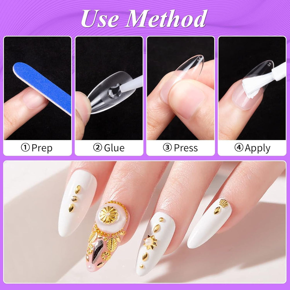 Becellen 500pcs Conseils d'ongles artificiels, Conseils d'ongles en gel souple, Couverture complète, Conseils d'ongles en gel, Ongles artificiels pré-polis, Ensemble de colle DIY Nail Art (Amandes)