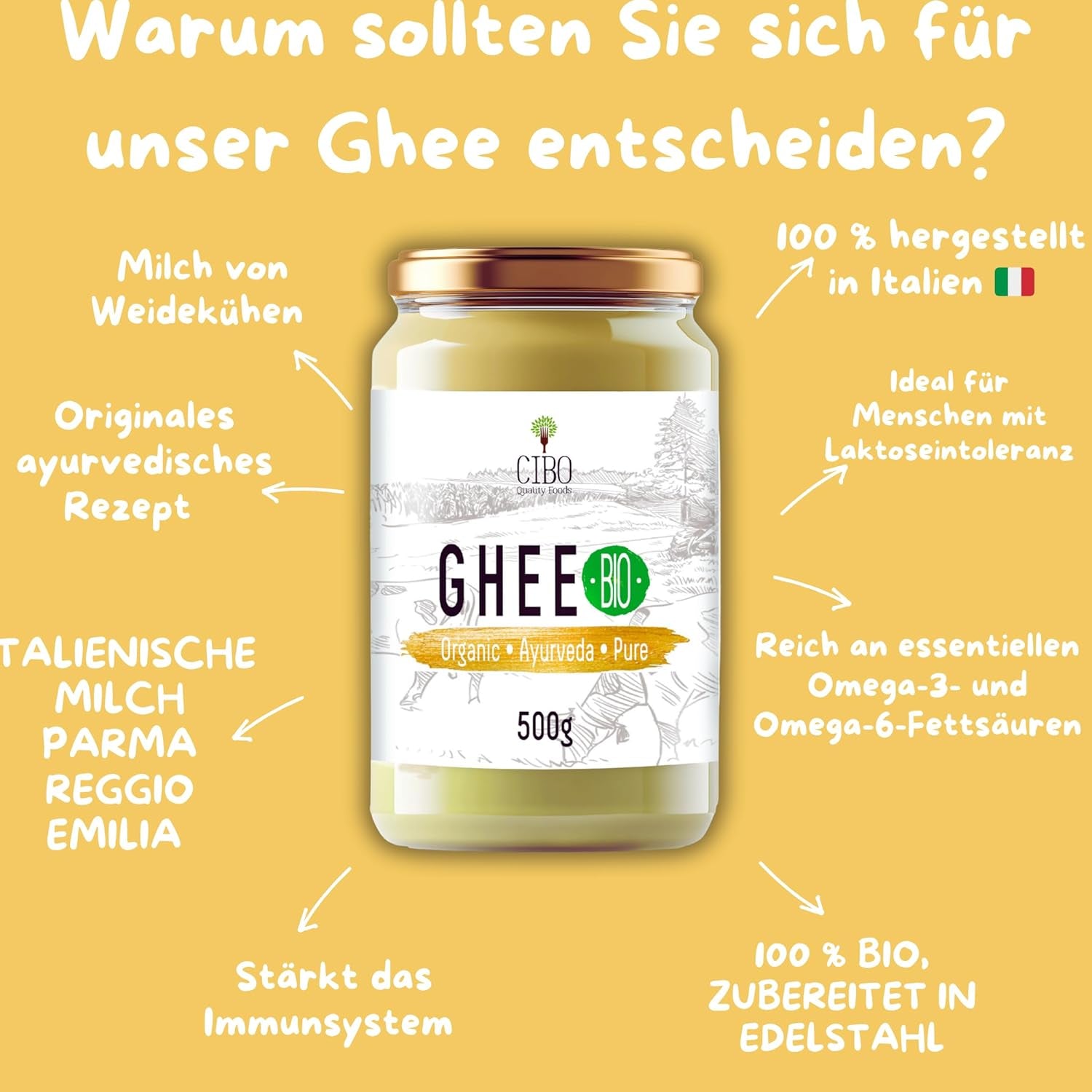 Cibo Bio Ghee 500g – Milch aus Parma und Reggio Emilia – Hergestellt in Italien – Weidekühe – Rauchpunkt 250°C – Aus Centrifugensahne