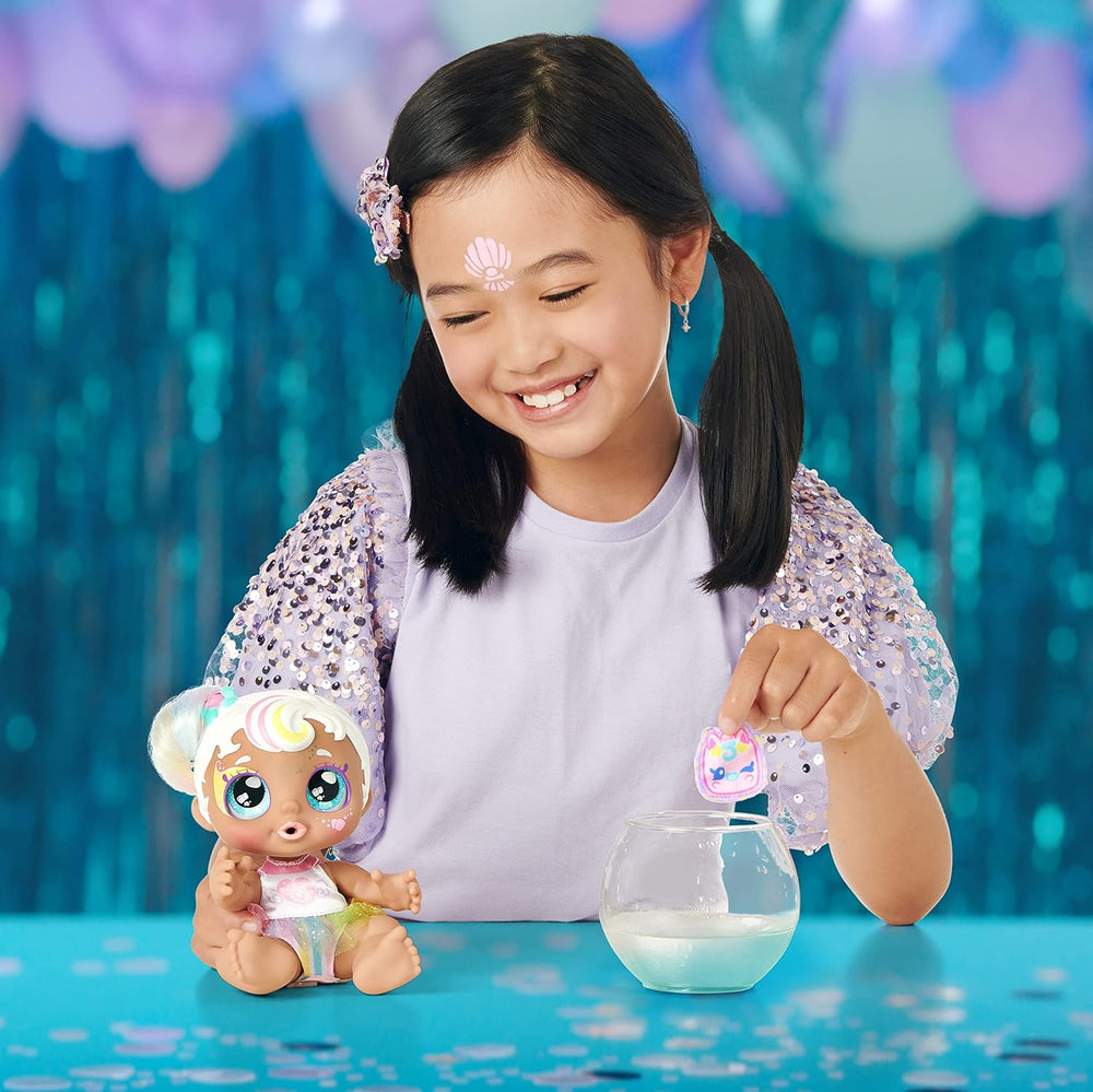 Baby Sister-Puppe Mini Mello als Einhorn, 1 Chiot avec sucette Spielzeug et Zauberschwamm pour magische Gesichtsbemalung. Grande, scintillante Augen, biegsame Arme und Beine, 50275