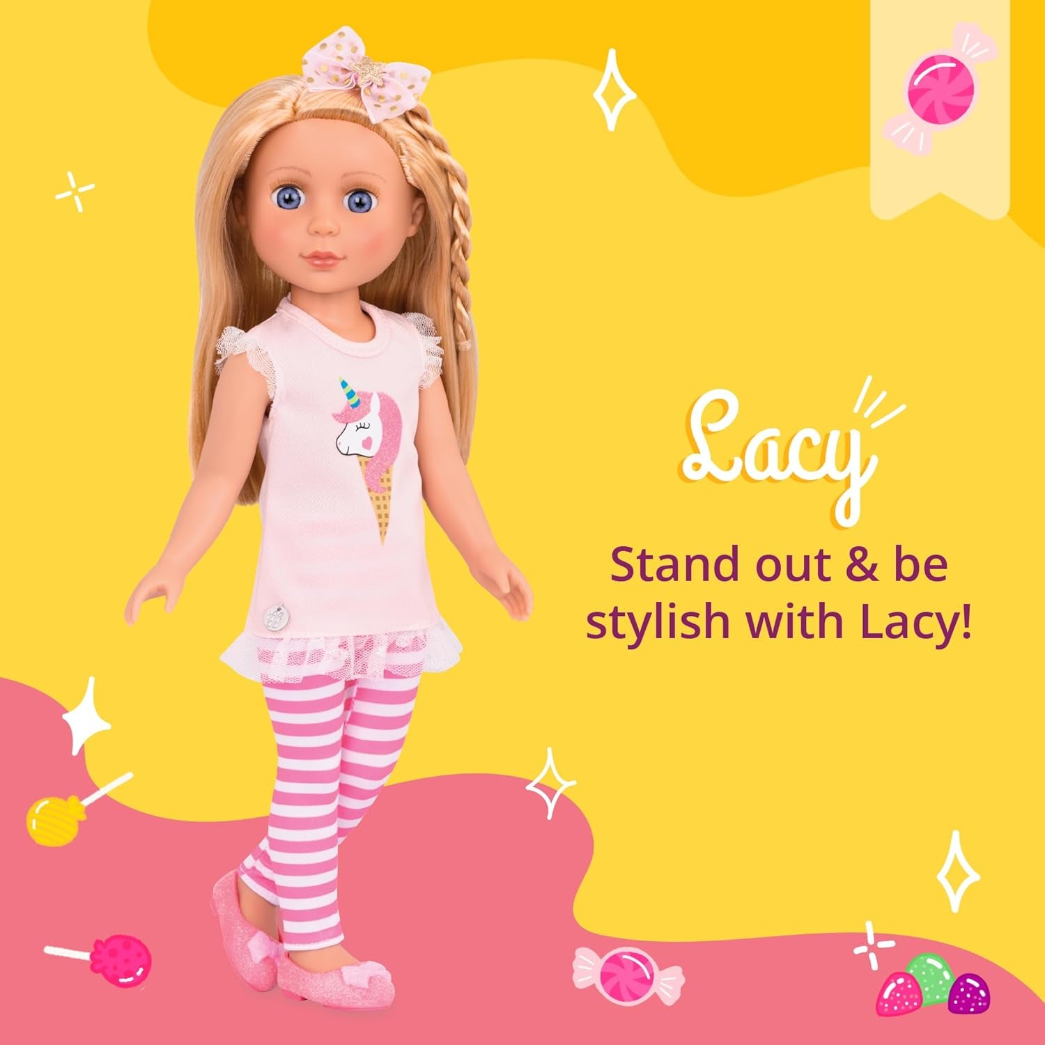 Glitter Girls - Lacy - 36 cm Modepuppe - Blondes Haar & Violette Augen - Poseable Arme & Beine - Einhorn-Eiscreme-Outfit - 3 Jahre +