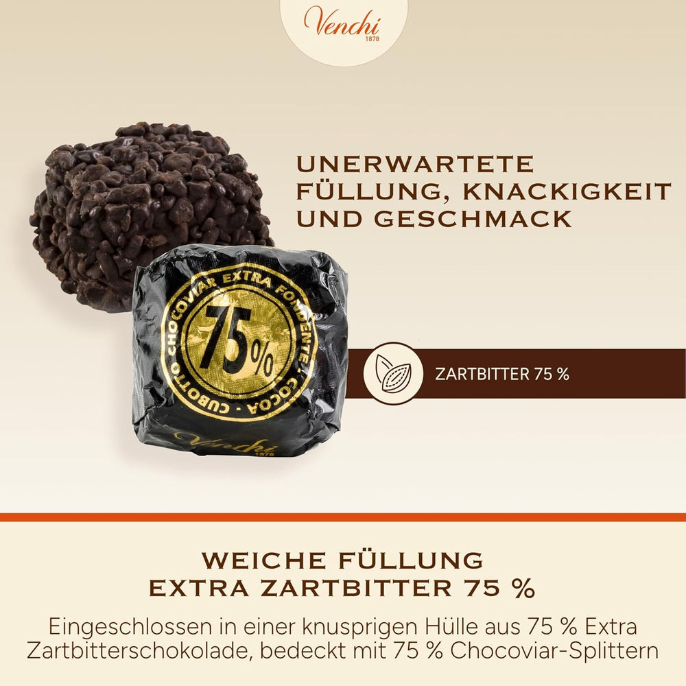Venchi - Cubes Chocoviar 75% - Pralines fourrées "Cuor di Cacao", chocolat extra noir et granulés Chocoviar 75% - Emballage en vrac de 1 kg - Vegan - Sans gluten