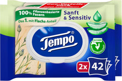 Lingettes humides Tempo ''Doux & Sensibles'' - Megapack - 16 paquets de 42 lingettes chacun - Duo Packs - Aloe Vera Naturel - Papier hygiénique, testé dermatologiquement, neutre pour la peau
