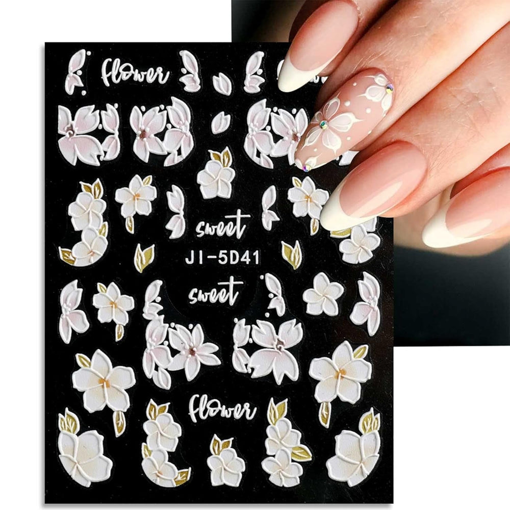 JMEOWIO Autocollants de manucure 3D pour ongles, fleurs, autocollants pour nail art, autocollants auto-adhésifs, bandes stéréoscopiques 5D, décoration de fleurs d'été, design de manucure, 4 feuilles