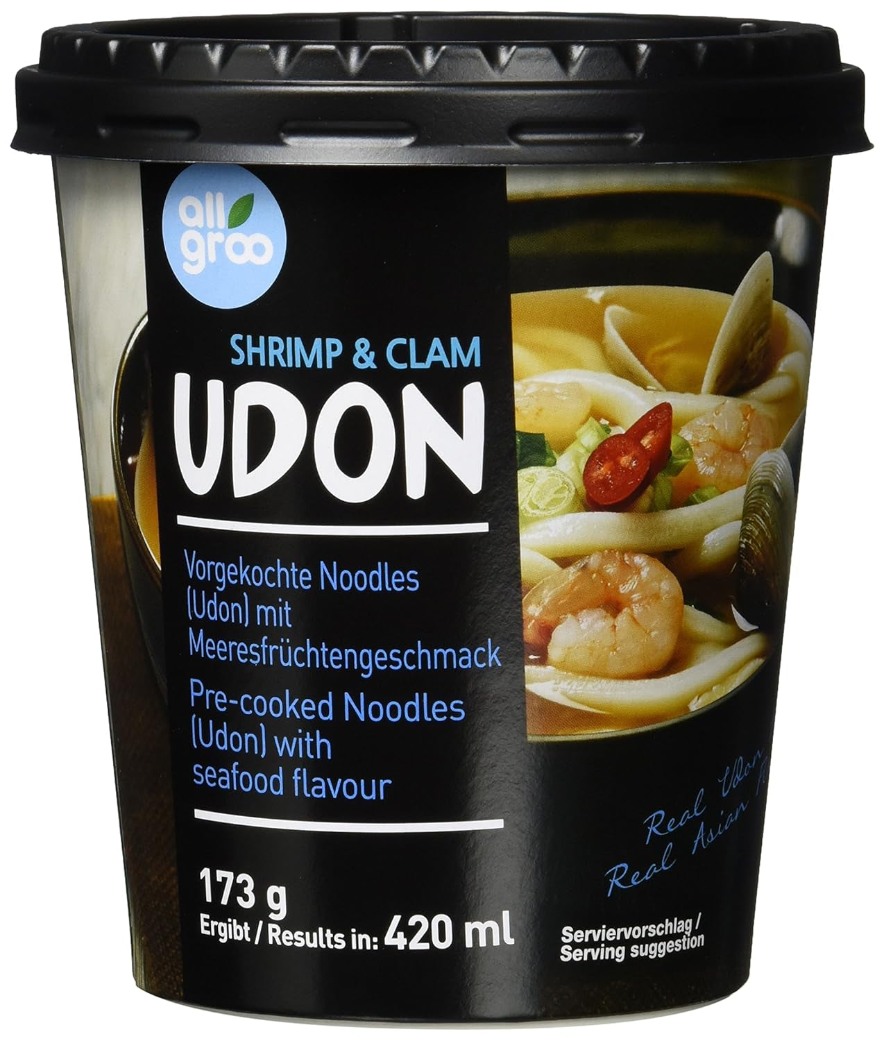 Allgroo Udon Cup Nouilles instantanées – Soupe Udon épicée aux fruits de mer savoureuse – Préparation rapide (1 x 173 g)