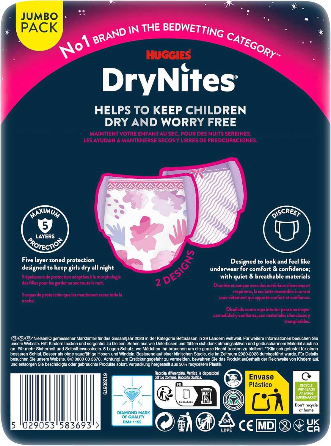 Huggies DryNites Couches d'énurésie nocturne pour filles de 13 à environ 17 ans (48-60 kg) 33 pièces (3 x 11) Pack mensuel Jumbo Couches XL