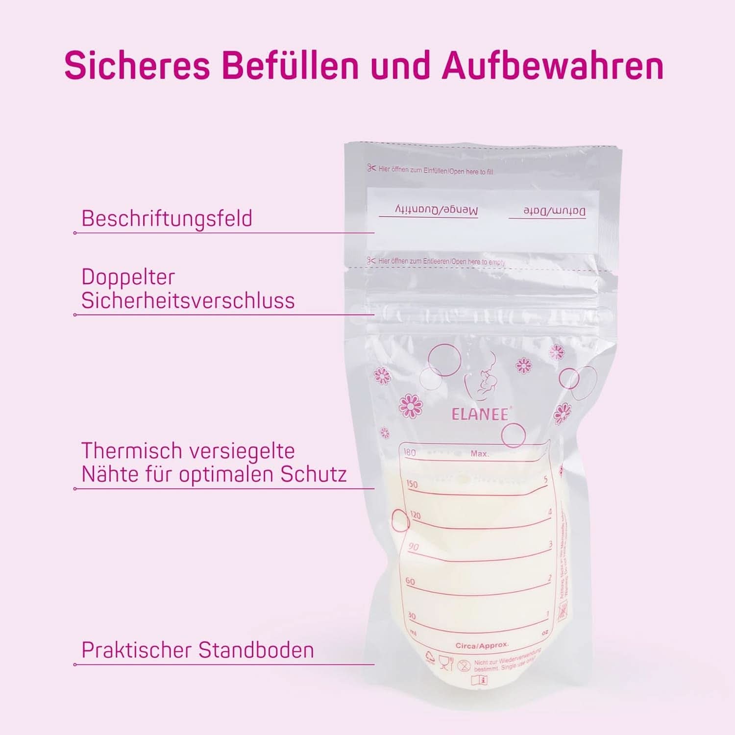 ELANEE Muttermilchbeutel, Aufbewahren & Einfrieren von Muttermilch, Geschmackneutral Und Vorsterilisiert, Doppelter Sicherheitsverschluss, 20 Stück, Mit Standfuß (711-00) Aliments pour bébés et accessoires d'allaitement Naty Shop