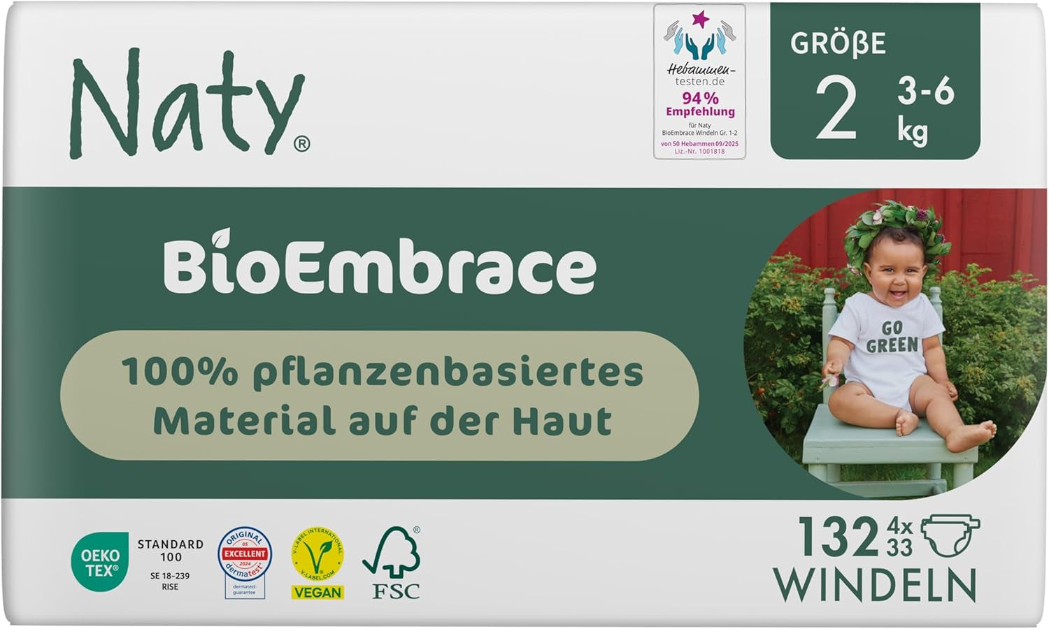 Couches pour bébé Naty BioEmbrace, taille 5 (11 à 25 kg) | Matières 100% végétales, douces pour la peau | Douceur respirante, testée dermatologiquement, excellente absorption | 80 pièces.