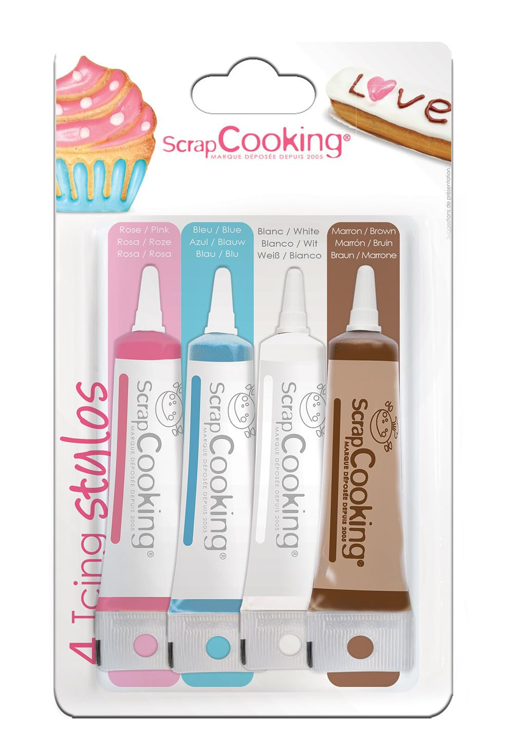 Scrapcooking - 4 stylos déco blanc, rose, bleu, chocolat 4X20G