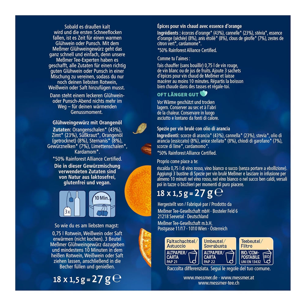 Messmer Glühweingewürz | Pour le vin ou le jus | 18 Teebeutel | Sans gluten | Végétalien sans lactose