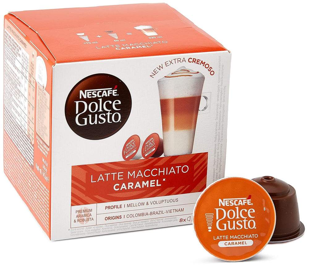 NESCAFÉ Dolce Gusto Latte Macchiato Vorratsbox 90 Kaffeekapseln (Aromatischer Espresso et Latte Macchiato Caramel