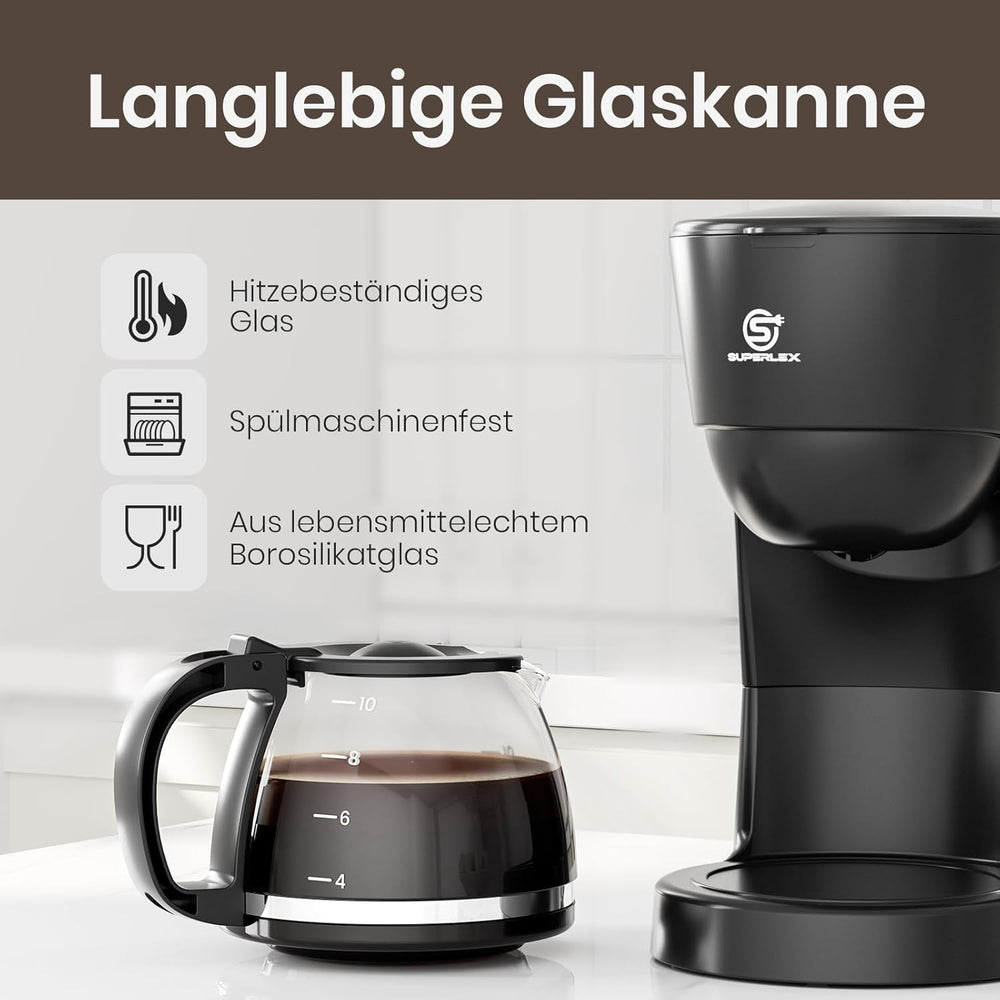Cafetière filtre 1,25 L pour 10 tasses de café filtre, carafe en verre lavable au lave-vaisselle, thermos, système anti-goutte, arrêt automatique, 600 W, protection contre l'ébullition sans eau pour la maison et le bureau
