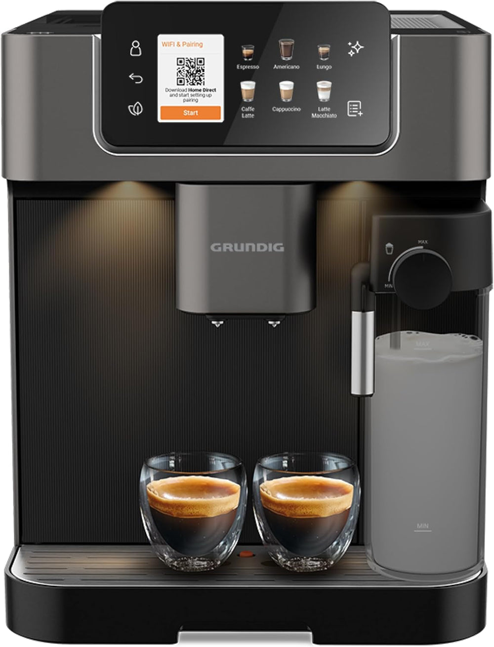 Machine à expresso entièrement automatique GRUNDIG KVA 6230 avec mousseur à lait, moulin en acier inoxydable avec 13 niveaux de mouture, réservoir à grains 250 g, réservoir d'eau amovible 2 litres, pression de pompe 19 bar, écran tactile, noir