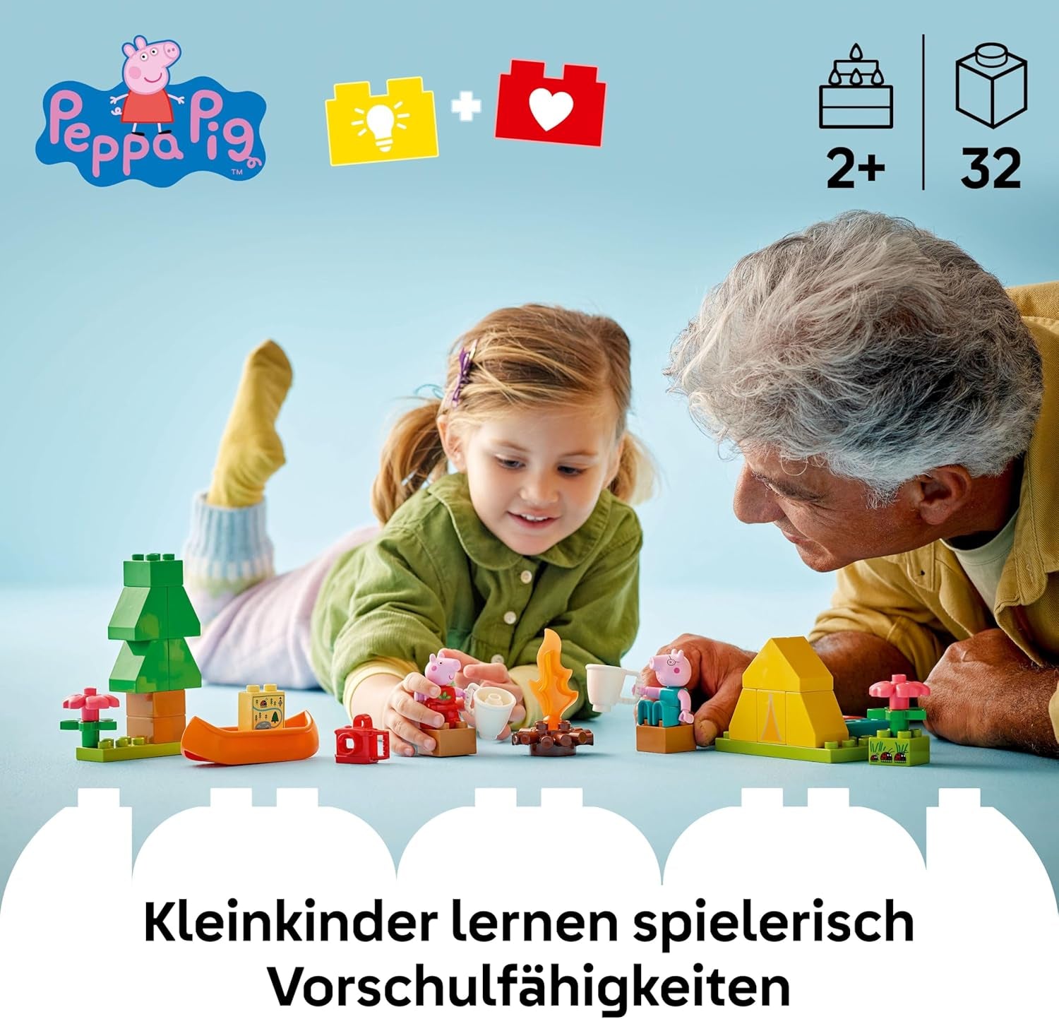 DUPLO Peppa Pig Camping Ausflug mit Papa Wutz – Jeu Montessori pour filles et jeunes à partir de 2 ans – inkl. Tente, canoë, feu de camp et 2 figurines – Fördert Motorik & Farberkennung – Geschenk - 10452