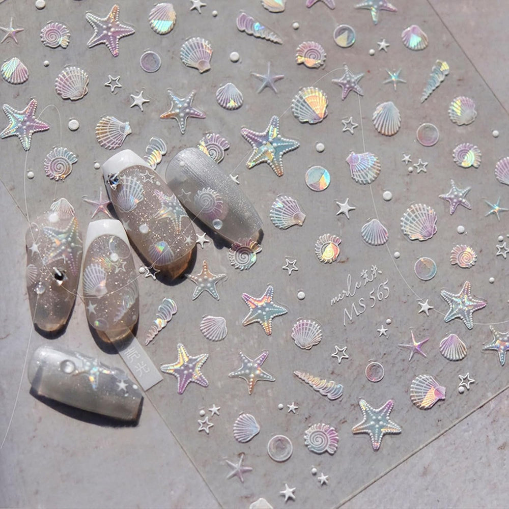 JMEOWIO Autocollant de manucure 3D Aurora Muschel Seestern Nail Art autocollant autocollant autocollant 5D stéréoscopique Ozean thème décoration Design de manucure 1 pièce