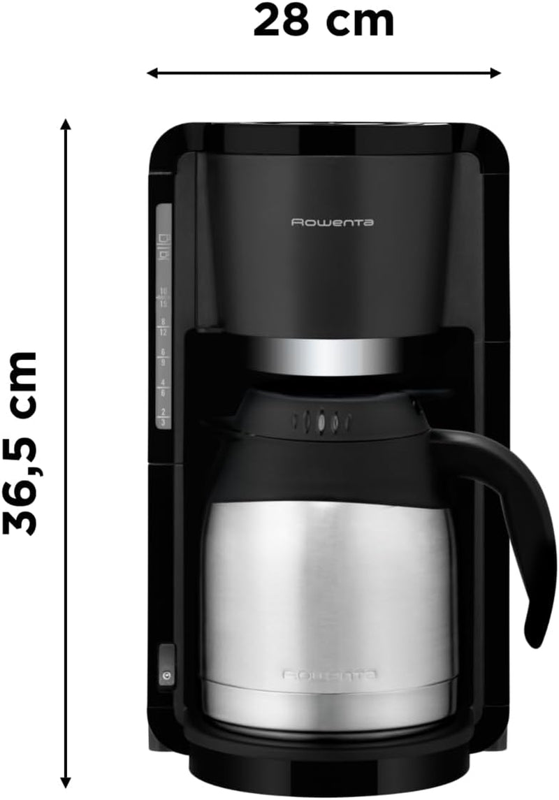 Rowenta Adagio Filter Machine à expresso, carafe thermique en acier inoxydable, garde le café chaud jusqu'à 4 heures, capacité de 10 à 15 tasses, capacité de 1,25 L, panier filtrant amovible, arrêt automatique, noir, CT3818