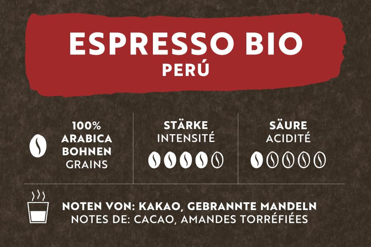 Café Royal Bio Espresso Pérou – Cafés à café 100 % Arabica, aromatiques intenses, rôtis foncés, étoiles 4/5, Bio & Fairtrade, 500 g de pots de fleurs