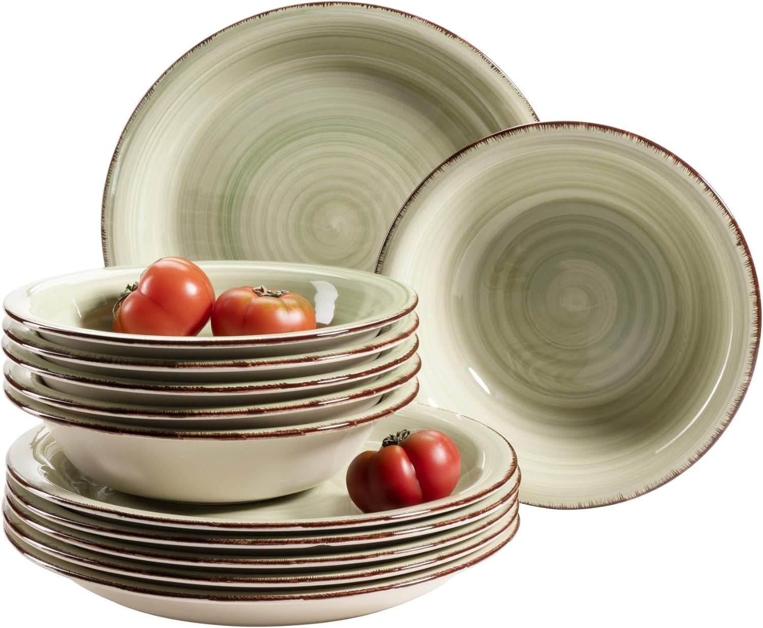 MÄSER Service de table pour 6 personnes, look vintage moderne, service de table 12 pièces, peint à la main, vert, carrelage, vert olive (Bel Tempo II)