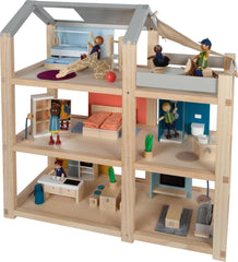 Maison de poupée en bois de couleur naturelle Small Foot - 3 étages avec toit-terrasse et ensemble de meubles de 51 pièces encourage le jeu créatif, convient aux enfants de 3 ans et plus 12541 Naty Shop Maisons de poupées