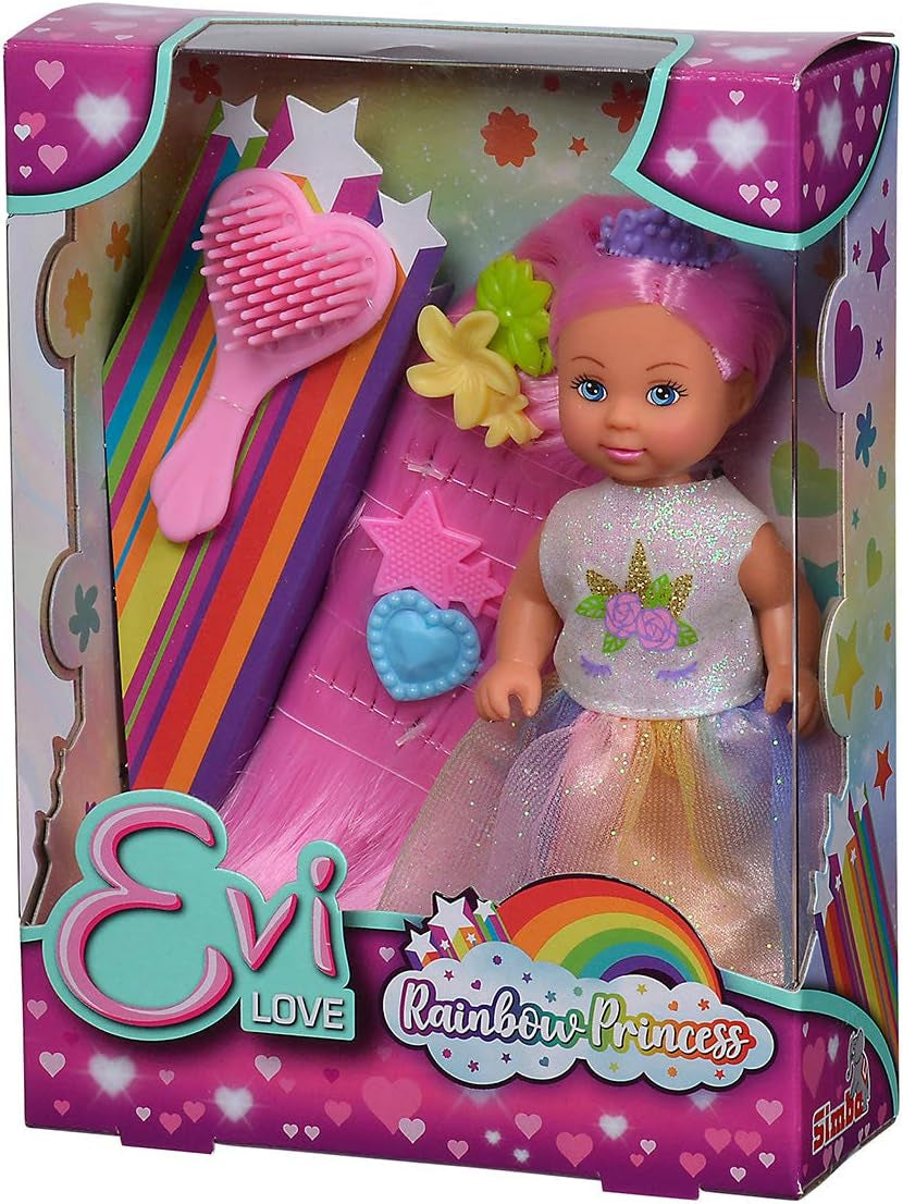 Simba Evi Love Rainbow Princess / Poupée comme princesse de soin avec cheveux longs / 4 pinces à cheveux et pinces / 12 cm / Pour enfants à partir de 3 ans, 105733505