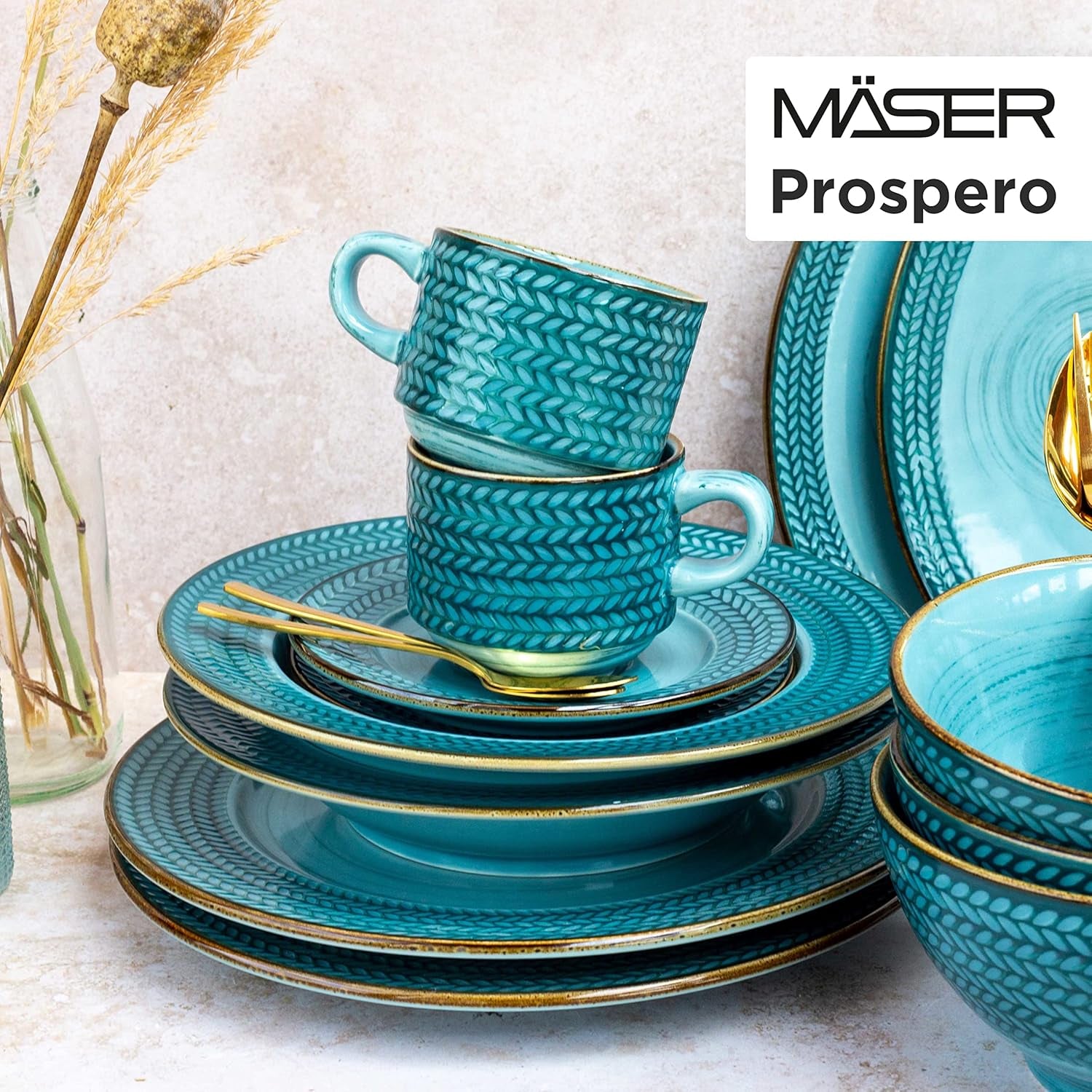 Prospero Service à café haut de gamme pour 4 personnes, qualité restaurant, service à café moderne 12 pièces dans un style vintage unique, porcelaine durable, bleu
