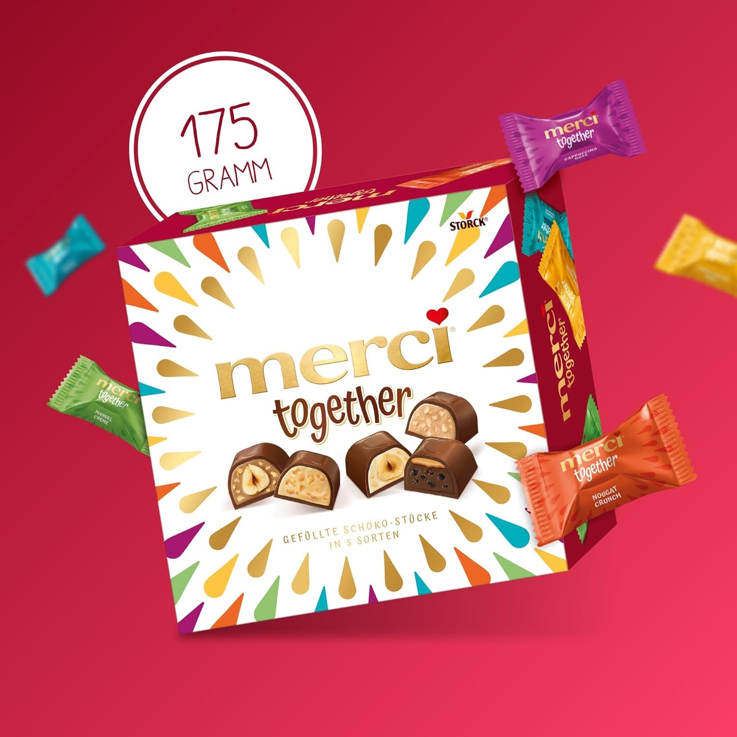 Merci Together - 1 x 175g - Chocolats fourrés en cinq variétés au chocolat au lait fin - Pralines au chocolat à partager et à offrir