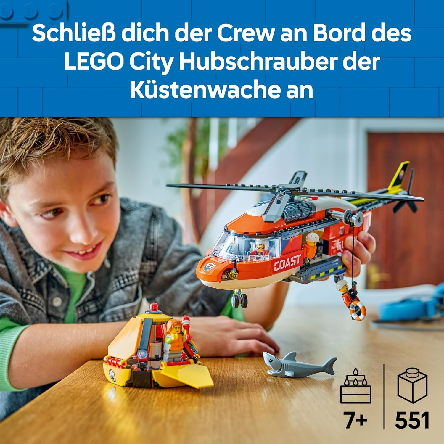 LEGO City Hubschrauber der Küstenwache - Spielzeug Einsatzfahrzeug - Modellbau mit Schiebetüren, Winche, 4 Minifiguren und Hai Figur - Geburtstagschenken für Jungen ab 7 Jahren - 60503