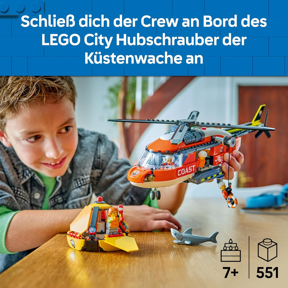 LEGO City Hubschrauber der Küstenwache - Spielzeug Einsatzfahrzeug - Modellbau mit Schiebetüren, Winche, 4 Minifiguren und Hai Figur - Geburtstagschenken für Jungen ab 7 Jahren - 60503