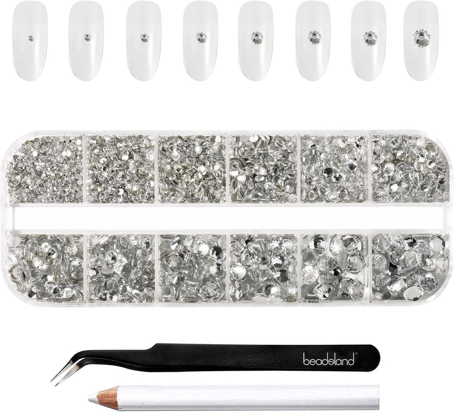 Beadsland 2500Pcs Glas Nailart Strasssteine Kristall Flatback Edelsteine Runde, ​​Für Handwerk Gemischt 8 Größen SS4 ~ SS30 Mit Picking Pinzette Und Stift (Kristall Weiss)
