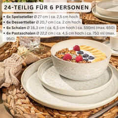 SÄNGER Key West | Service de table en grès 24 pièces pour 6 personnes, 6 assiettes à dîner, bols à céréales, assiettes à dessert, bols à pâtes, vaisselle à la crème avec texture sable | LA COLLECTION VALEUR