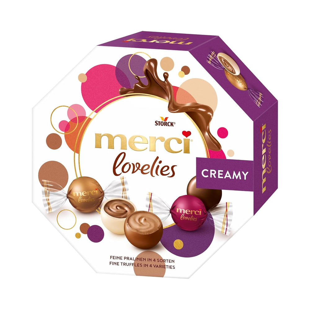 merci lovelies Crémeux – 1 x 185g – Coffret de pralines avec 4 spécialités chocolatées fourrées – Boules de chocolat à partager et à offrir