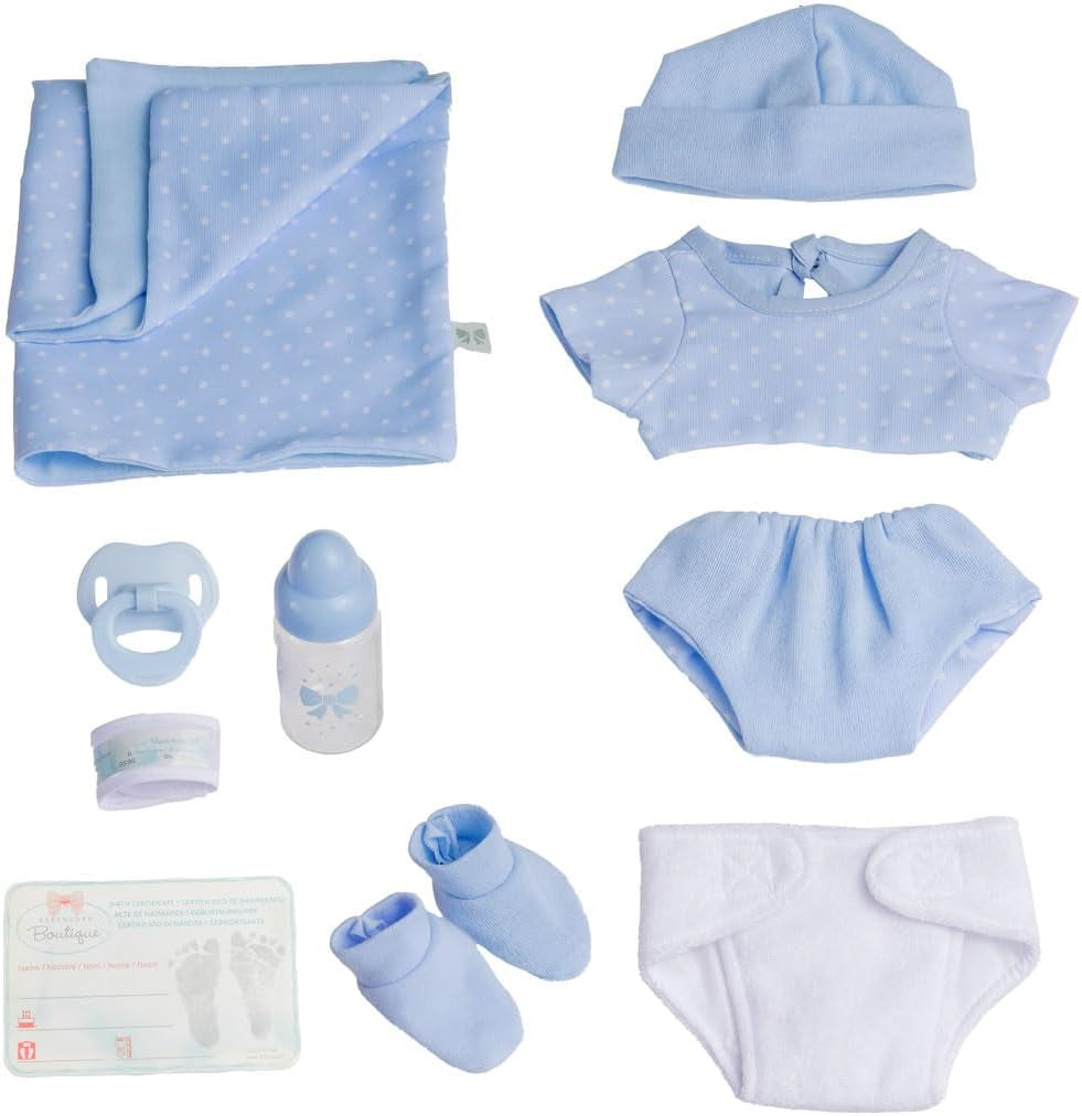jc toys 102-18540 – Kinderpuppe, Körper aus Gummi, Blaue Kleidung mit Punkten, 36 cm